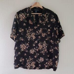 100% Silk Floral Charter Club Button Front Shirt Blouse 20W Black Tan Ivory